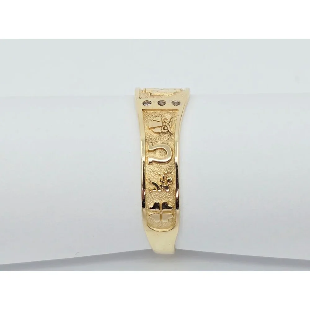 Unique 14K Karat Solid Yellow Gold Designer Lucky Symbols CZ Ring - Size 14